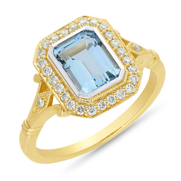 9ct Yellow & White Gold Aquamarine & Diamond Ring