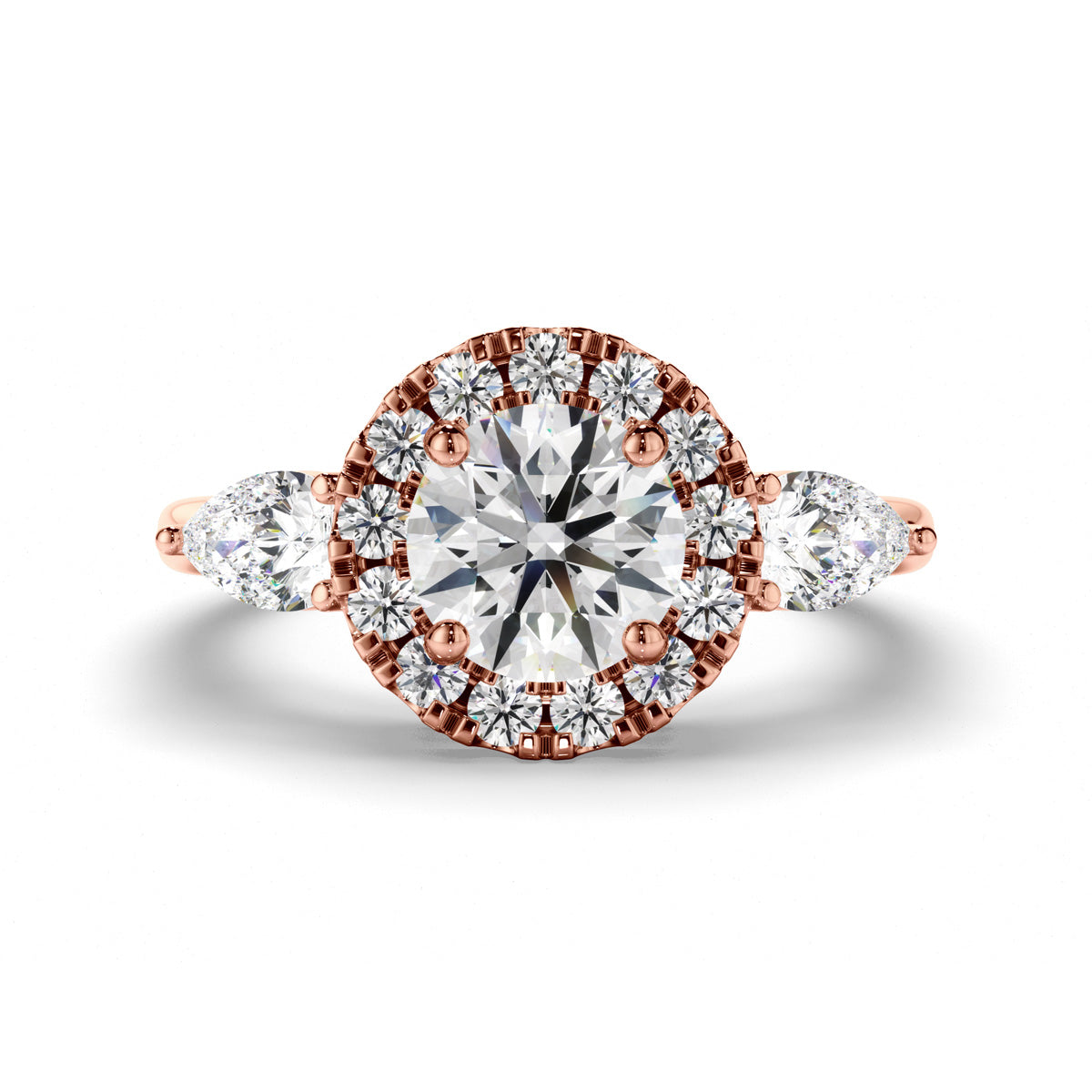 Round Brilliant Cut Diamond Halo Engagement Ring with Pear Sides