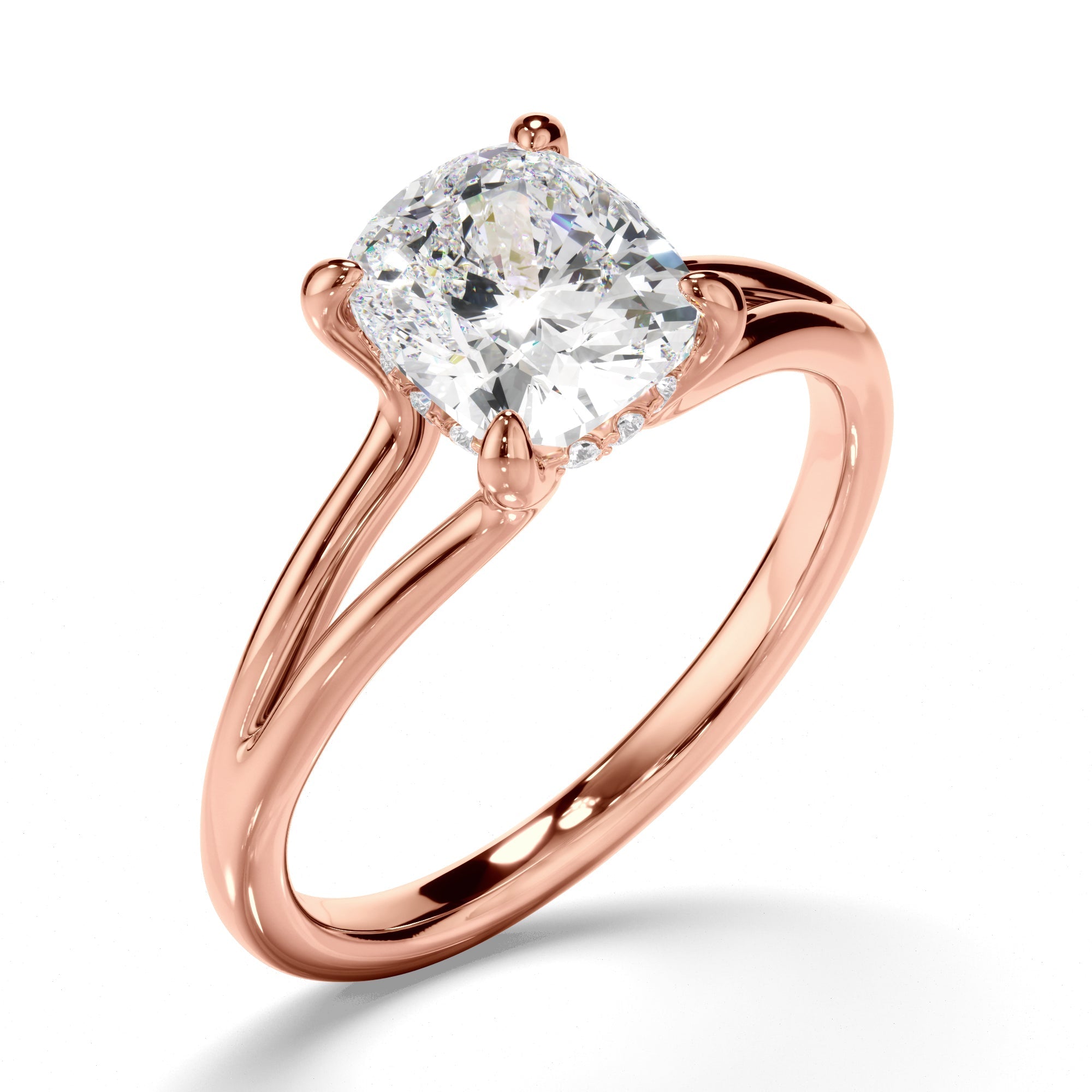 Cushion Cut Diamond Solitaire Hidden Halo Engagement Ring