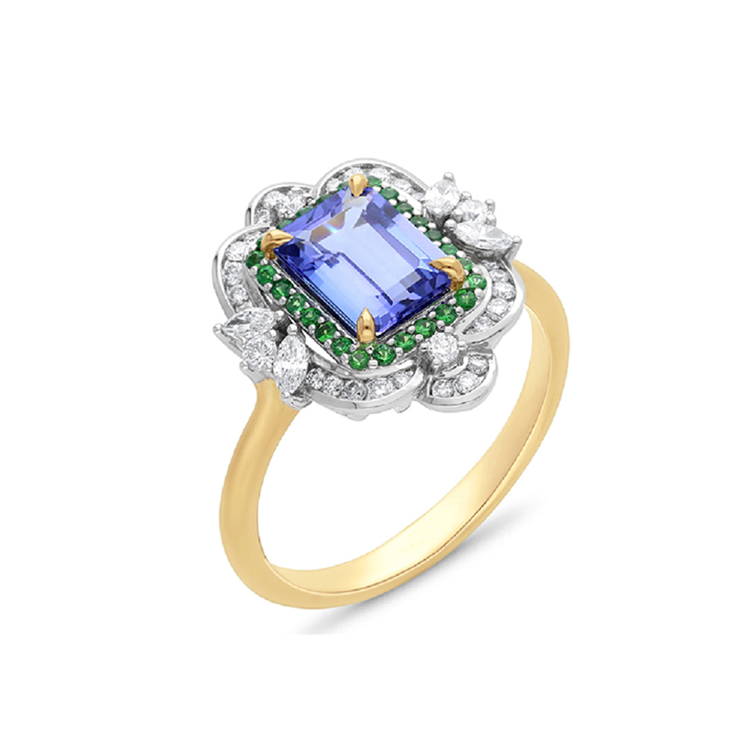 9ct Yellow & White Gold Tanzanite, Tsavorite & Diamond Ring