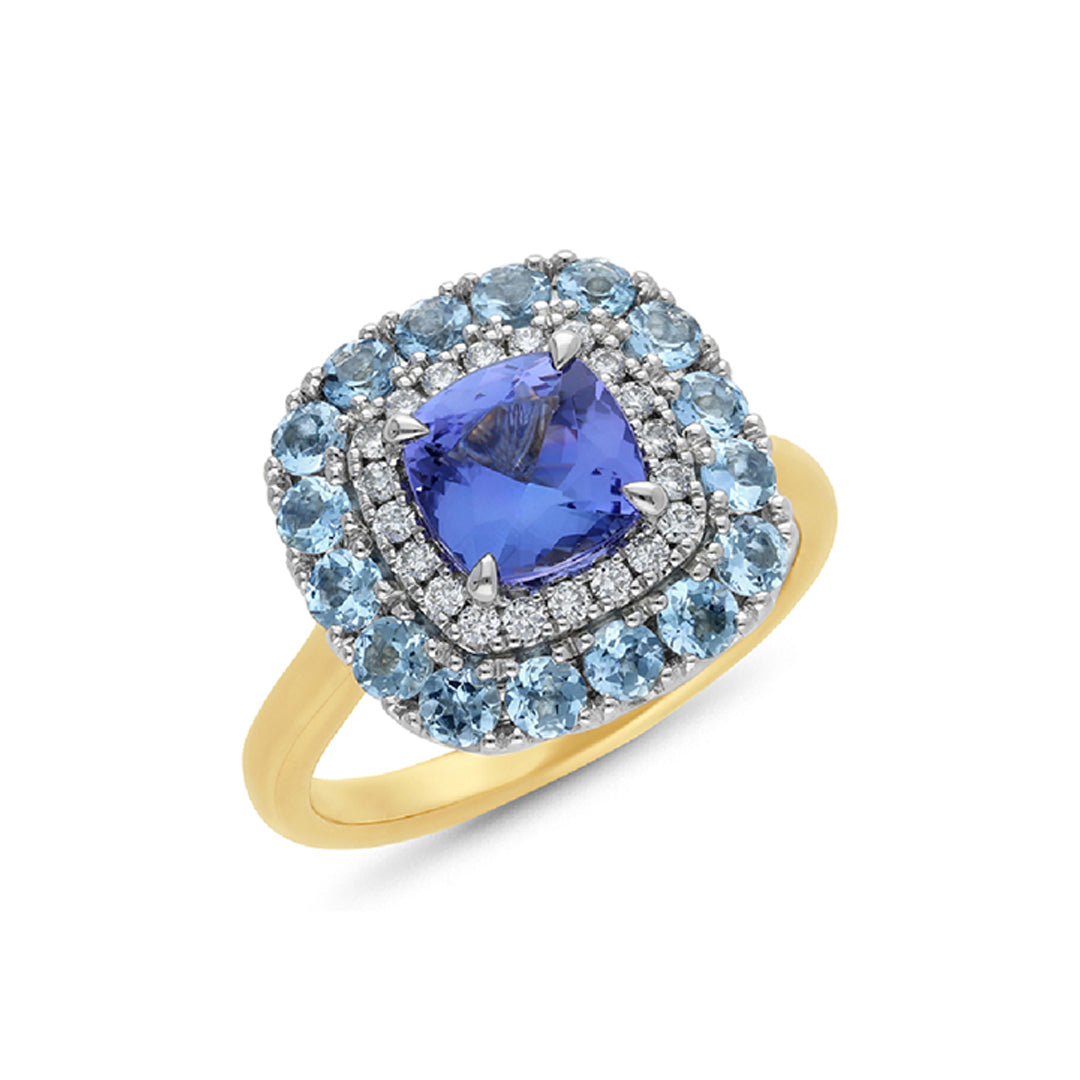 9ct Yellow & White Gold Tanzanite, Aquamarine & Diamond Ring
