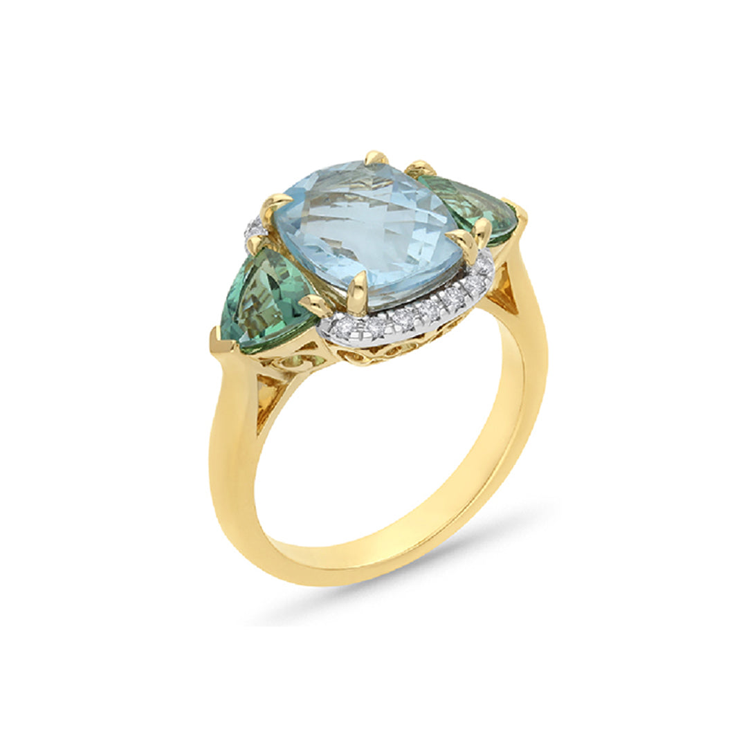 18ct Yellow & White Gold Aquamarine & Tourmaline Diamond Ring
