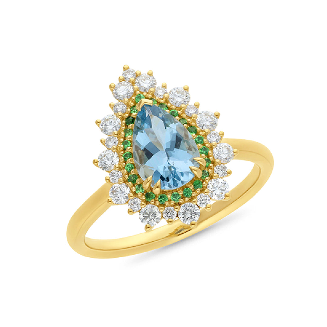 18ct Yellow Gold Aquamarine & Tsavorite Diamond Ring