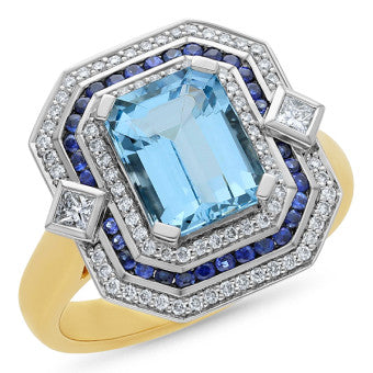 18ct Yellow & White Gold Aquamarine & Diamond Dress Ring
